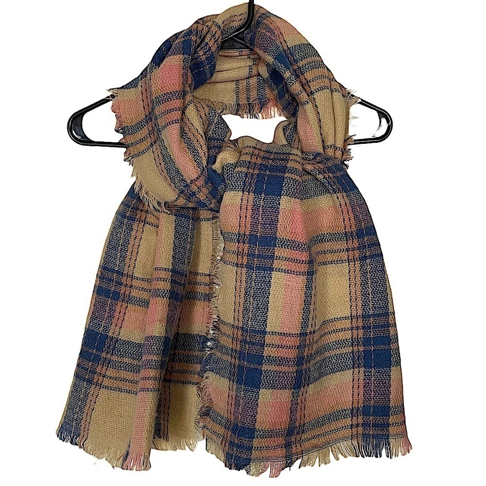 NAVY, Pink and Tan Rectangular Plaid Scarf or Wrap